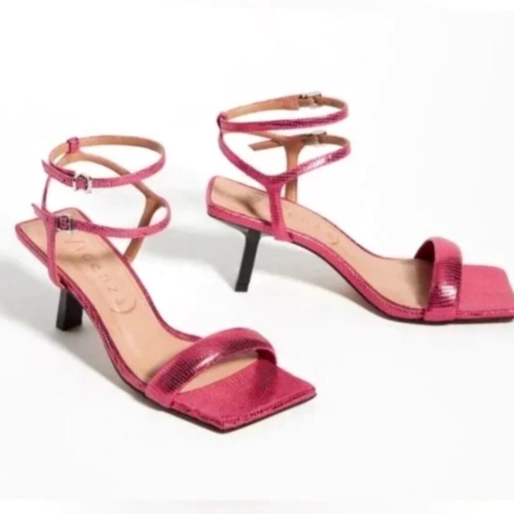 Anthropologie Vicenza Strappy Metallic Heels Magenta Pink Croc Embossed Size 7